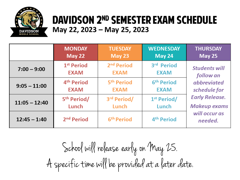 Second Semester Exam Schedule Davidson Middle School
