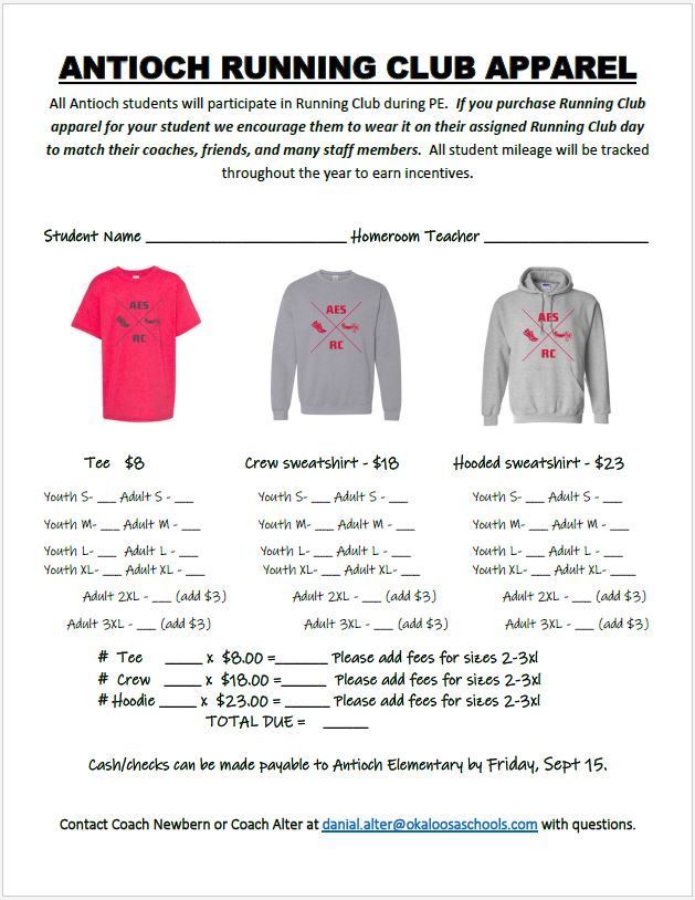 Antioch Running Club Apparel. All Antioch students will participate in Running Club during PE. If you purchase Running Club Apparel for your student we encourage them to wear it on their assigned Running Club day to match their coaches, friends, and many staff members. All student mileage will be tracked throughout the year to earn incentives. we encourage them to wear it on their students will participate in Running club during PE. If you purchase Running Club apparel for your student we encourage them to wear it on their assigned Running Club