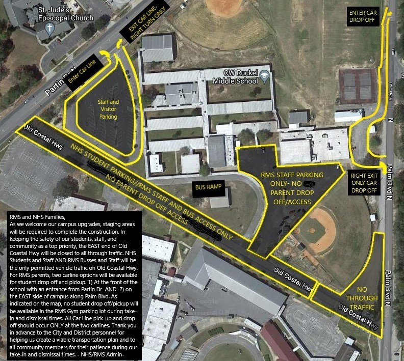 Traffic flow map for student drop off/pick up.  Note Old Coastal is now closed to parent access.  Drop off students in main parking lot or small lot across from post office.  