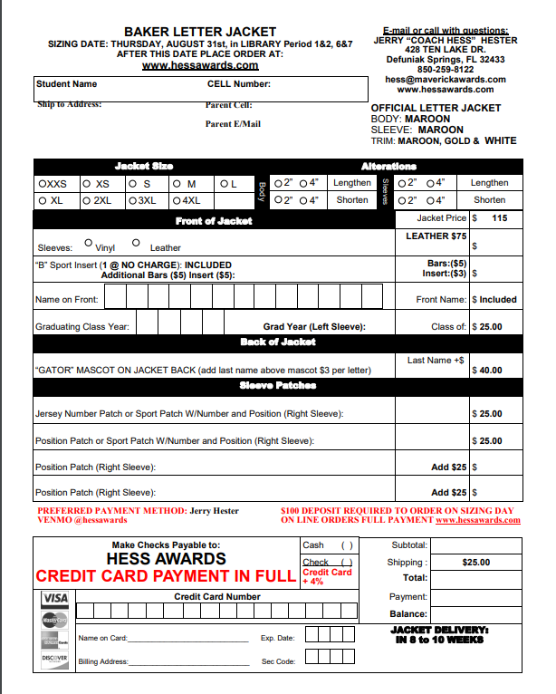 Baker Letterman Jacket Orders Baker School