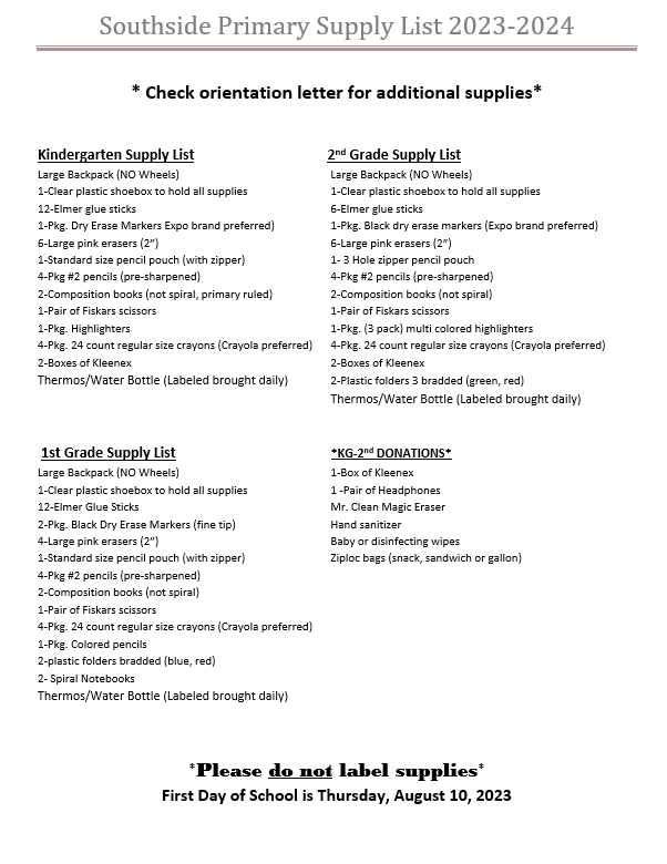 Elementary Supply List 20232024 Southside Primary School