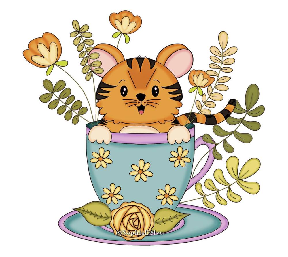 Tiger in a teacup with flowers
