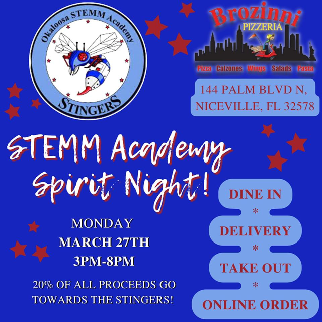 Brozinni Spirit Night March 27 from 3pm to 8pm. 20% of proceeds go to STEMM. 